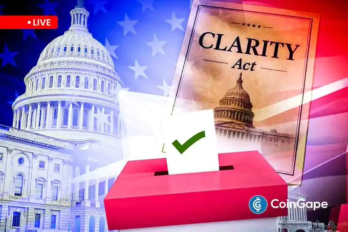 A news graphic from CoinGape shows the U.S. Capitol dome alongside a document titled 'CLARITY Act' and a red ballot box with a green checkmark, marked 'LIVE'.