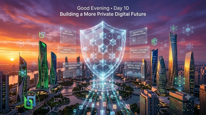 A digital graphic titled 'Good Evening - Day 10: Building a More Private Digital Future' displays a glowing shield with tech-related icons over a futuristic city skyline.