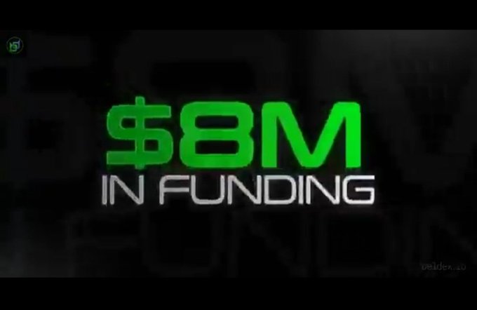 A graphic displays '$8M IN FUNDING' in large green and white text against a dark, blurred background.