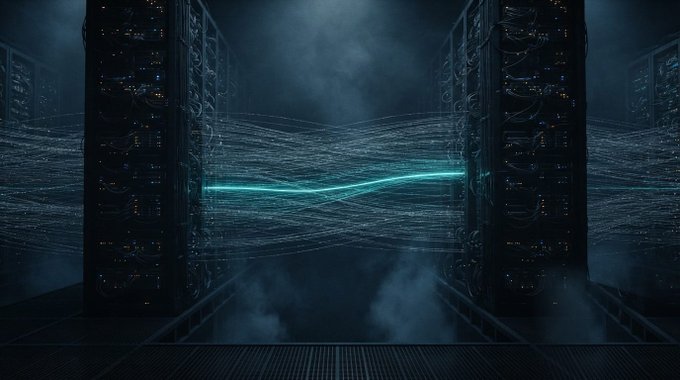 A dark, atmospheric data center scene shows rows of server racks connected by glowing teal streams of data cables, with no visible text or numbers. The image visually reinforces the post's theme of high-speed AI agent transactions by depicting the vast digital infrastructure powering rapid, machine-to-machine payments through payment networks like Visa and Mastercard.