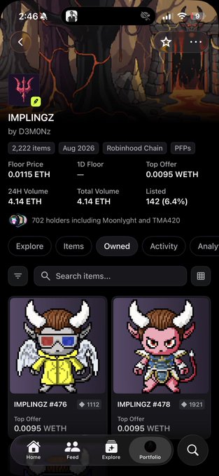 Screenshot of the "IMPLINGZ" NFT collection on OpenSea by D3MONZ, showing a floor price of 0.0115 ETH and 702 holders. The post highlights a recent free mint opportunity for Pitboys holders to claim three IMPLINGZ NFTs per wallet, as reflected in the collection's growing holder count and active marketplace listings.