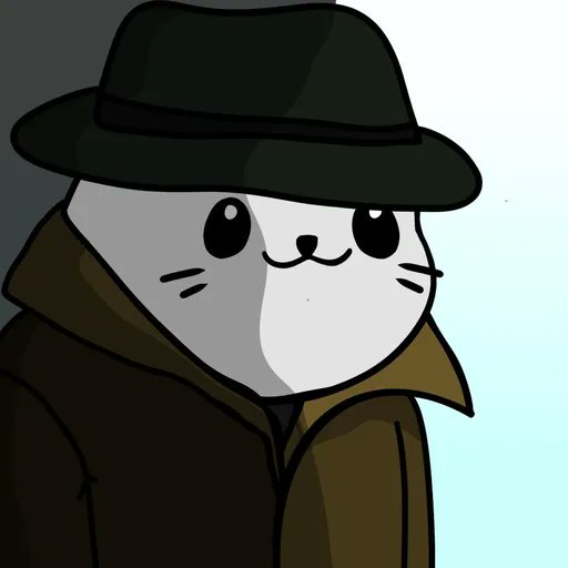 A cartoon illustration of a simple white cat character wearing a dark fedora hat and a brown trench coat, designed in a spy/detective aesthetic.