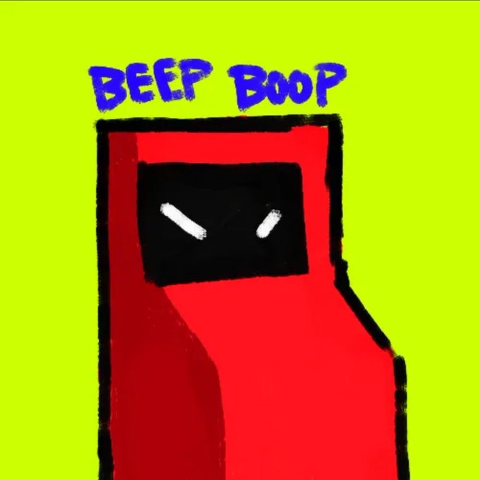 A drawing of a red Among Us character with a black visor on a green background, with the text 'BEEP BOOP' in blue above it.