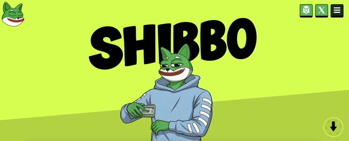 The image features a cartoon Shiba Inu in a blue hoodie holding cash against a lime green background with the bold text "SHIBBO" prominently displayed, visually representing the branding referenced in the post about $SHIBBO.