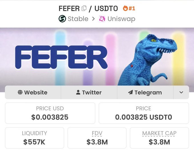 A cryptocurrency page for 'FEFER/USDT0' token shown on a DEX tracker, displaying a price of $0.003825, liquidity of $557K, FDV and market cap of $3.8M, with a blue dinosaur mascot.