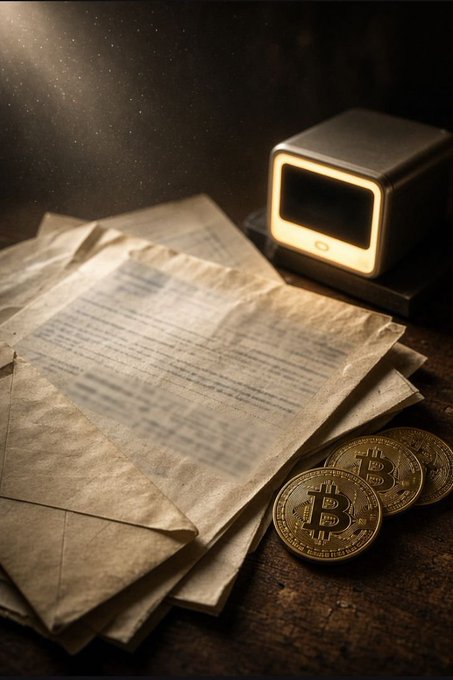 A still life featuring aged parchment documents and gold Bitcoin coins next to a modern device with a glowing screen, set against a dark, dust-filled background.