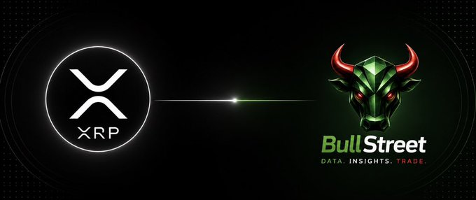 The image features the XRP logo on the left connected by a glowing line to the Bull Street logo (depicted as a green bull head with red horns) on the right, with the tagline "DATA. INSIGHTS. TRADE." beneath it. This visual represents Bull Street's announced partnership and integration with the XRP Ledger for cross-border payments, as described in the accompanying post.