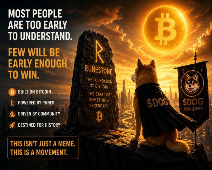 The image is a promotional graphic for $DOG (Dog Army), featuring a Shiba Inu dog in a cape gazing at a Bitcoin sun over a city skyline, with a runestone inscribed with the Bitcoin logo and "$DOG" markings. Bold text reads "MOST PEOPLE ARE TOO EARLY TO UNDERSTAND. FEW WILL BE EARLY ENOUGH TO WIN," highlighting its foundation on Bitcoin, powered by Runes, and driven by community, reinforcing the post's message that $DOG is an early, history-making movement most haven't discovered yet.