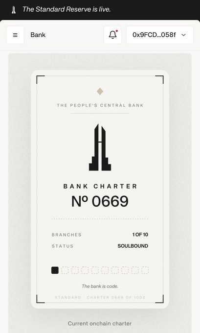 A screenshot displays "The People's Central Bank" Charter N° 0669, indicating it is 1 of 10 branches with a "SOULBOUND" status and labeled "The bank is code" from the Standard Reserve. This relates to the post by tagging @standard_rsv, suggesting the user is questioning their success or status within this standard reserve banking system.