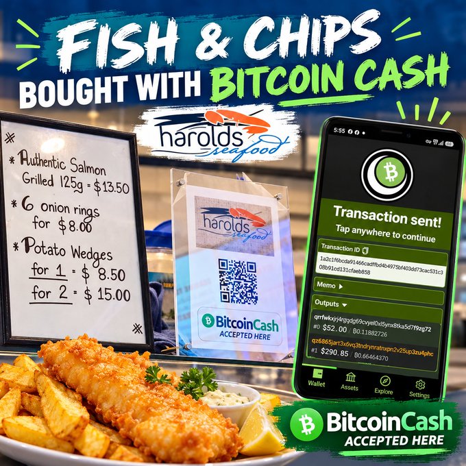 An advertisement for 'Harold's Seafood' shows fish and chips purchased with Bitcoin Cash, featuring a menu with Salmon ($13.50), onion rings ($8.00), and potato wedges ($8.50), alongside a phone screenshot of a transaction confirmation.