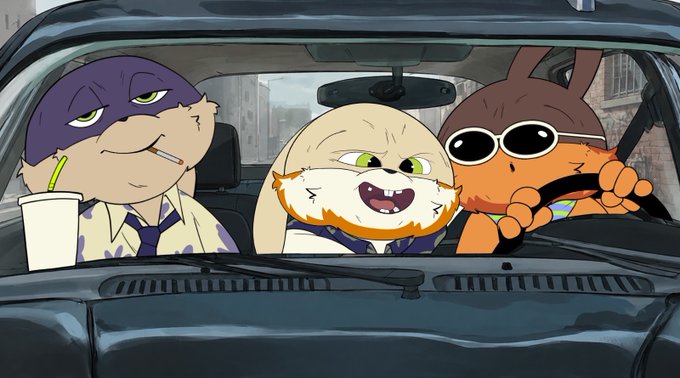 Three animated rabbit-like characters sit inside a car, with one smoking and holding a drink in the passenger seat, an orange-furred character grinning in the middle, and a brown bunny wearing sunglasses behind the wheel. The image's road-trip vibe complements the post's "hit the road" message, with the trio of rabbits playfully embodying the "All Buns are on board" call to the $BUBBLE project.