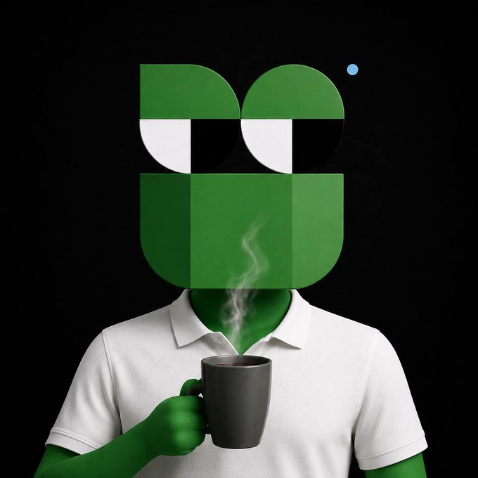 A surreal image of a green-skinned figure in a white polo shirt holding a black coffee mug with steam rising from it, but their head is replaced by the Base (BASE) blockchain logo in green, black, and white.
