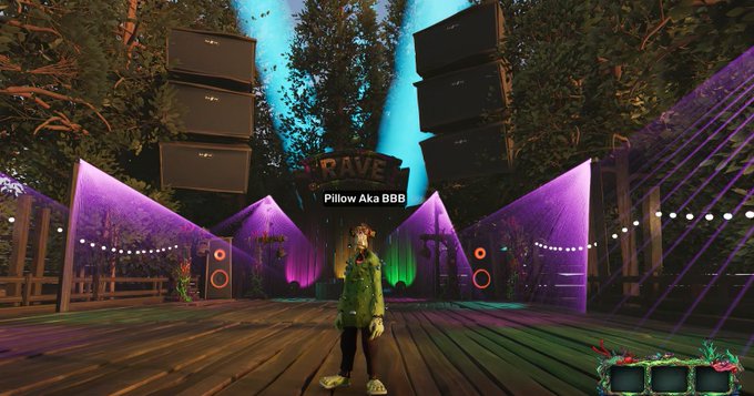 A screenshot from a video game showing an avatar named 'Pillow Aka BBB' standing on a wooden deck in front of a stage with large speakers, string lights, and purple neon accents.