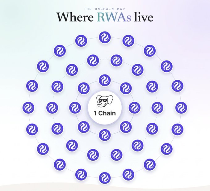 An infographic titled 'Where RWAs live' showing concentric circles of purple logos with a dog mascot labeled '1 Chain' in the center.