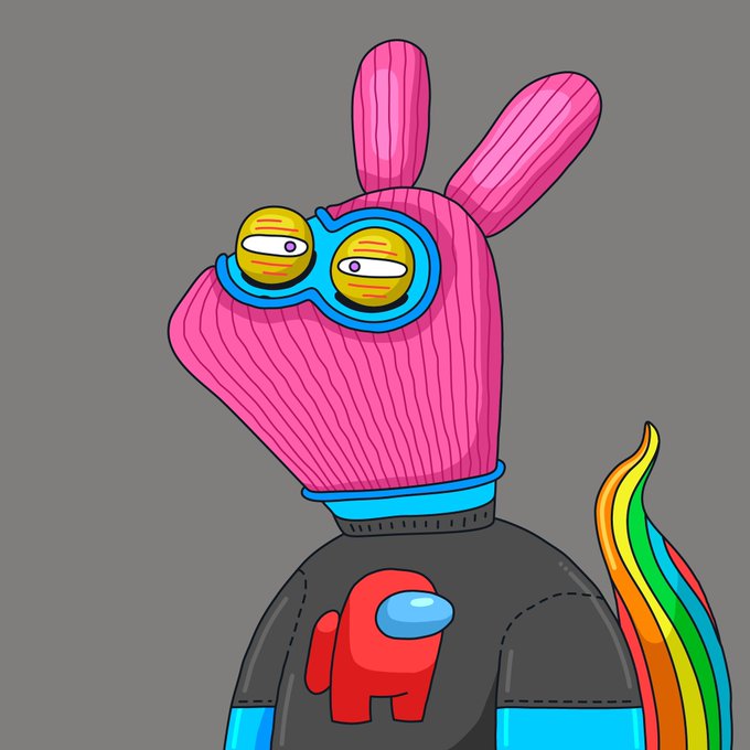 A digital illustration of a character wearing a pink bunny-eared hood, blue goggles with yellow lenses, and a black outfit featuring a red Among Us crewmate icon on the chest, set against a gray background with a rainbow tail element.