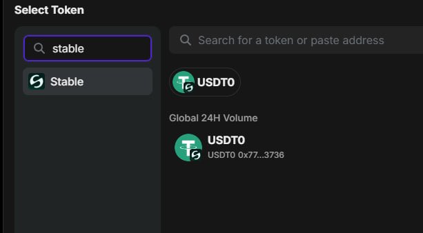 A dark-themed "Select Token" interface shows a search for "stable" with the USDT0 token (USDT0 0x77...3736) highlighted, featuring a "Global 24H Volume" section. The image illustrates the post's excitement about profiting from the Stable chain and its associated stablecoin trading activity.