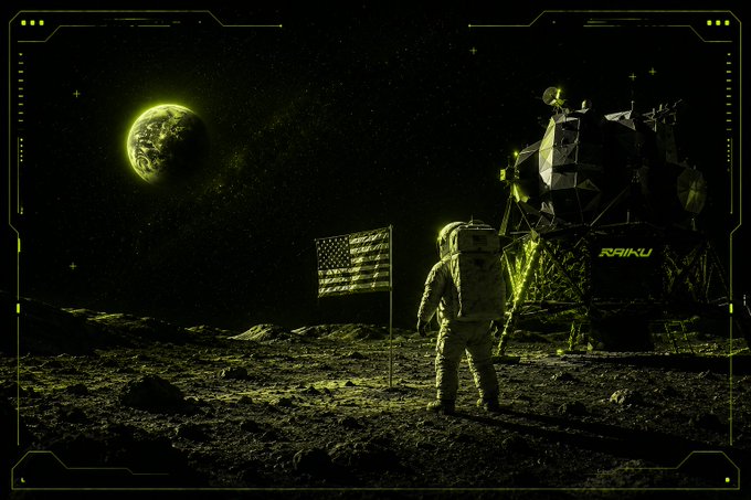 An astronaut stands on the moon next to the American flag and a lunar module labeled "RAIKU," reflecting on guaranteed success, similar to the non-negotiable infrastructure needed for public blockchains.