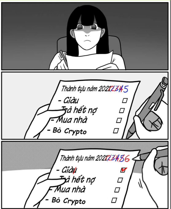 A three-panel comic shows a person checking off 'Giàu' (Rich) on a 'Thành tựu năm 202345' (Achievements 202345) list, which humorously shows the year has jumped from 2023 to 23456 with only the first goal checked.