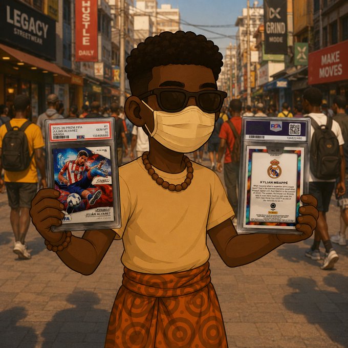 A digital illustration of a young Black boy wearing sunglasses, a face mask, and a beaded necklace, proudly holding two PSA-graded trading cards in a busy street setting.