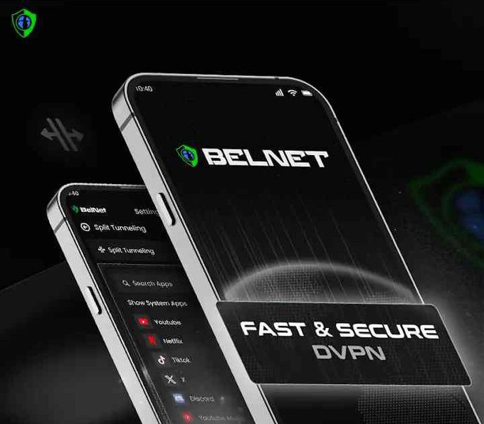 A promotional image for the BelNet dVPN app shown on a smartphone, featuring the text "FAST & SECURE DVPN" and a Split Tunneling menu listing apps like YouTube, Netflix, and TikTok.
