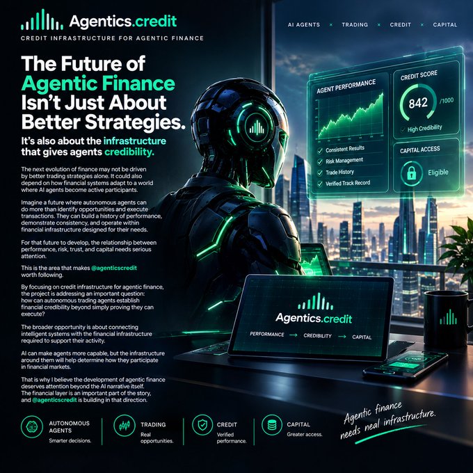 A promotional graphic for 'agentics.credit' about 'The Future of Agentic Finance' featuring an AI robot figure, with sections showing Agent Performance, Credit Score 842/1000, and Capital Access.