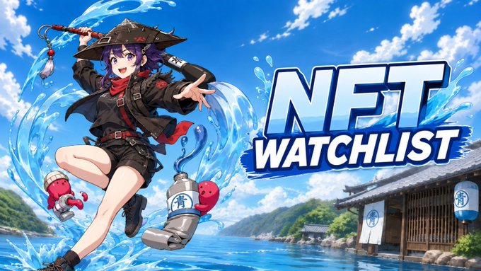 Anime-style character in a cowboy hat wielding a whip stands beside the bold text "NFT WATCHLIST," visually announcing a curated list of NFT projects being shared. The vibrant summer coastal scene with splashing water matches the post's "August" theme for its top-tier "S TIER" NFT recommendations.
