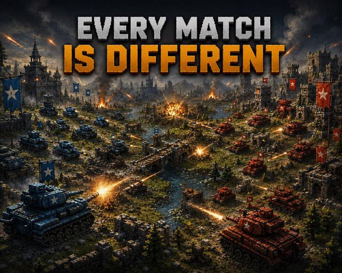 A video game promotional image showing two armies of tanks in battle with the text 'EVERY MATCH IS DIFFERENT' displayed prominently.