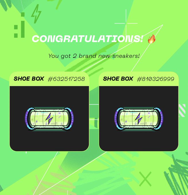 A vibrant green "CONGRATULATIONS!" screen celebrates receiving 2 brand new sneakers from Shoebox #632517258 and Shoebox #810326999, featuring matching neon-colored NFT sneakers displayed in black frames, reflecting the poster's excitement about a successful #STEPNGO NFT mint.