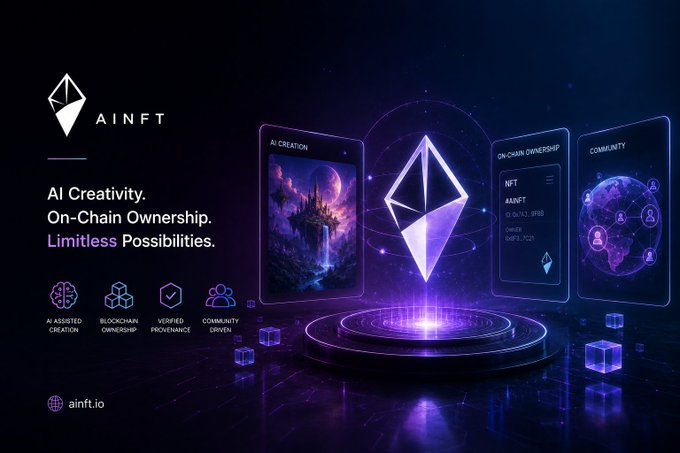 A promotional graphic for AINFT featuring 'AI Creativity. On-Chain Ownership. Limitless Possibilities.' alongside an Ethereum logo and purple cosmic imagery.