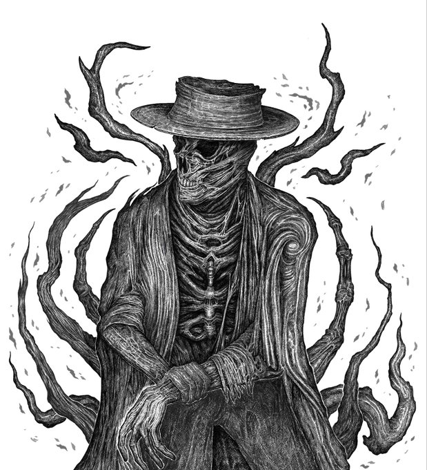 The image features a black and white illustration of a skeleton wearing a hat, sitting down with his hands resting on his knees. The skeleton appears to be in a state of distress or sadness, as if he has been beaten by something unseen. The background is filled with various lines and shapes that create an abstract and chaotic atmosphere around the skeleton. The image also includes text that reads "Happy Saturday my friend NEW DROP". This suggests that the artist may have created this illustration to convey a sense of loss or sadness, possibly related to the concept of "self-made ruin" as described in the post.