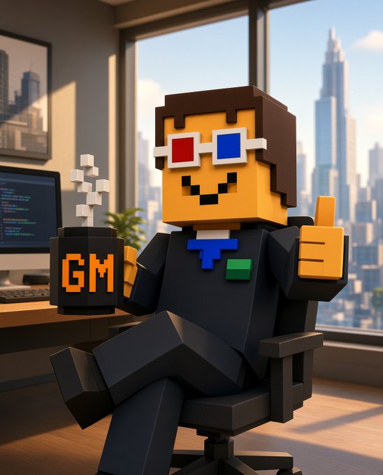 A 3D blocky cartoon character wearing red-and-blue 3D glasses and a suit sits at an office desk holding a mug that says 'GM'.