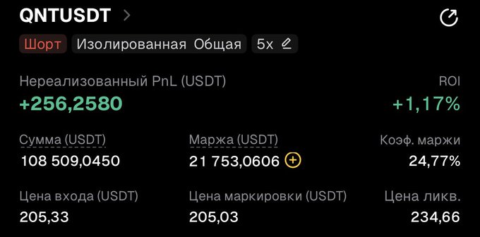 A trading interface showing a QNTUSDT short position with +256.2580 USDT unrealized PnL (+1.17% ROI), entry price 205.33, mark price 205.03, and liquidation price 234.66.