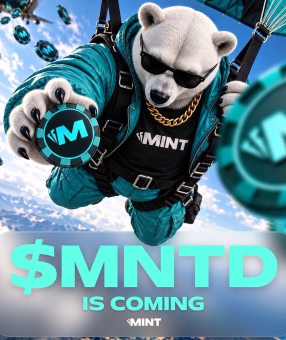 A promotional image for the $MNTD token featuring an anthropomorphic polar bear wearing sunglasses, a gold chain, and a teal jacket, parachuting while holding coins with the 'M' symbol.