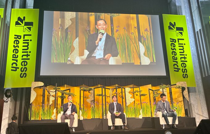 Speakers from Limitless Research are featured on stage at WebX, discussing the convergence of crypto, AI agents, and next-gen infrastructure. The banners on either side of the stage clearly display "Limitless Research".