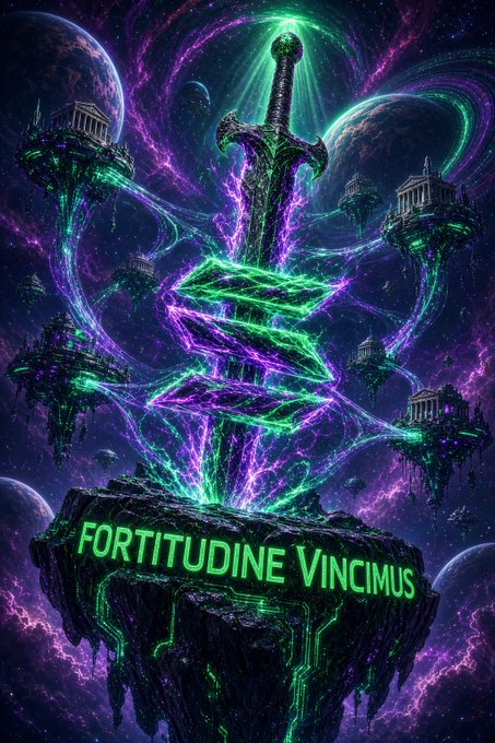 A digital fantasy artwork showing a glowing green and purple sword impaled in a floating rocky island inscribed with 'FORTITUDINE VINCIMUS,' surrounded by cosmic purple nebulas and floating ancient ruins.