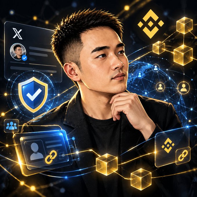 A stylized portrait of a young man in a black jacket with his hand on his chin, surrounded by floating digital graphics including X (Twitter) icons, Binance logos, user connection nodes, and golden blockchain cubes.