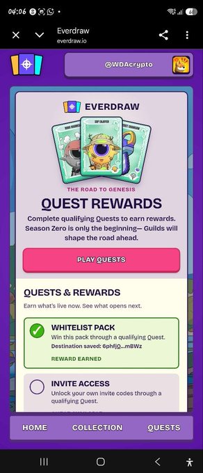 A mobile screenshot of the Everdraw app (@WDAcrypto) showing 'THE ROAD TO GENESIS QUEST REWARDS' page with options to 'PLAY QUESTS' and a 'WHITELIST PACK' reward.
