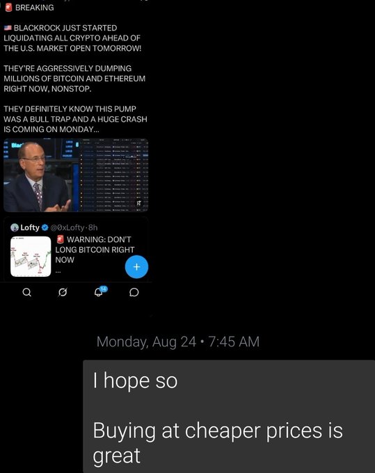 A screenshot of a tweet claiming BlackRock is liquidating crypto positions ahead of a market open, accompanied by a text message reading "I hope so / Buying at cheaper prices is great," highlighting the classic Bitcoin holder reaction of welcoming price dips as accumulation opportunities.

Key text visible: "BLACKROCK JUST STARTED LIQUIDATING ALL CRYPTO AHEAD OF THE U.S. MARKET OPEN TOMORROW!" and "I hope so Buying at cheaper prices is great."