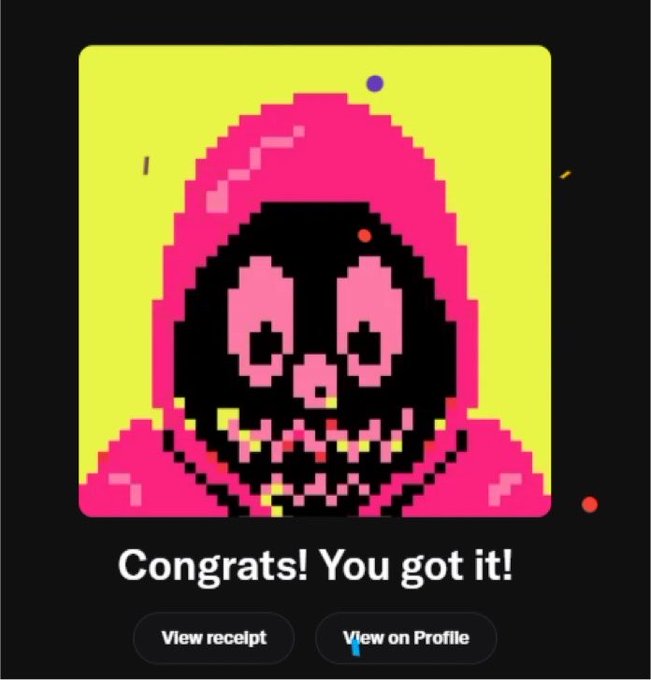 The image shows a pixel-art hooded reaper character on a pink and yellow background with celebratory confetti, accompanied by the text "Congrats! You got it!" and two buttons reading "View receipt" and "View on Profile." This appears to be a successful NFT mint confirmation screen from a digital collectible platform, aligning with the post announcing a minted item at a price increase from .02 to .1.