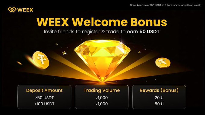 The image features an advertisement for a trading platform called "WEEX" that offers a welcome bonus campaign until June 20. The text on the image encourages users to participate by depositing 50 USDT, completing three simple tasks, and receiving rewards in the form of 20 USDT.