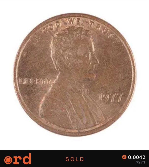 A 1977 Lincoln cent is shown against a white background, with 'ord' branding, a 'SOLD' status, and a price of $271 (0.0042 BTC).
