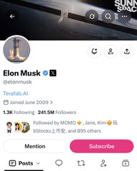A Threads social media profile for Elon Musk (@elonmusk), showing his bio, join date of June 2009, and 241.5M followers.