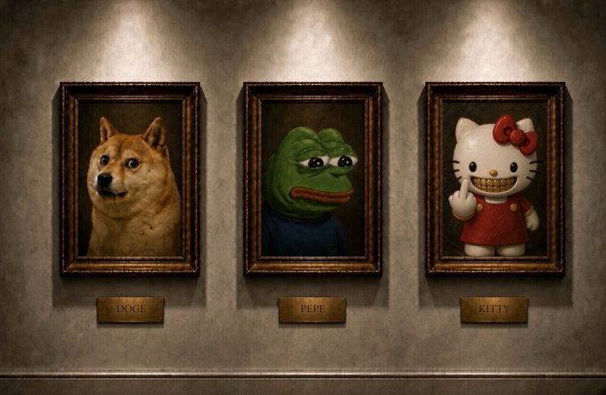 Three ornate portrait-style paintings hang on a wall, labeled "DOGE," "PEPE," and "KITTY" from left to right, depicting the classic Shiba Inu, the green Pepe frog, and a grinning Hello Kitty figure. The image humorously aligns with the post's claim that cats outperform dogs, visually presenting Kitty as a formidable counterpart to Doge alongside Pepe, suggesting memecoins like cat-themed tokens can rival or surpass their dog-themed rivals even from a $1 baseline.