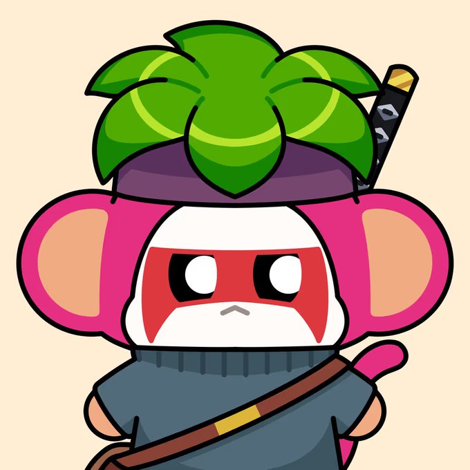 A cartoon character resembling a monkey with pink ears wearing a green leafy hat and holding a small knife, dressed in dark clothing.