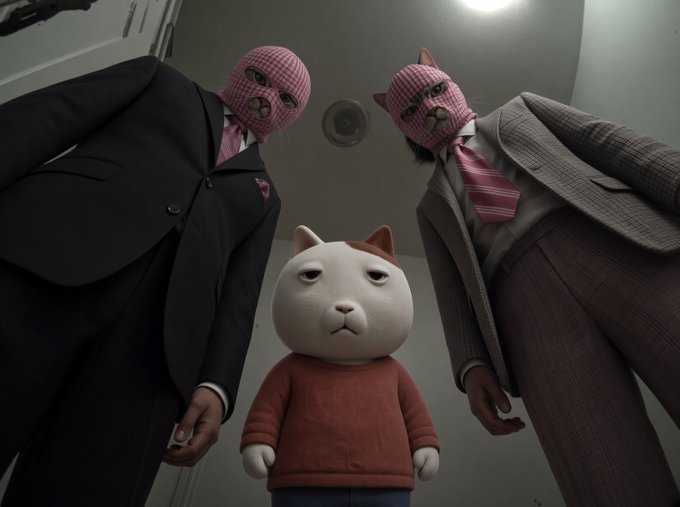 A cat with a grumpy, judgmental expression stands between two imposing figures wearing pink balaclavas and business suits, captured from a dramatic low-angle perspective. The image humorously portrays the menacing, intimidating vibe of the $KET cryptocurrency despite the cute feline mascot, fitting the meme's theme of facing menacing figures while holding a promising asset.