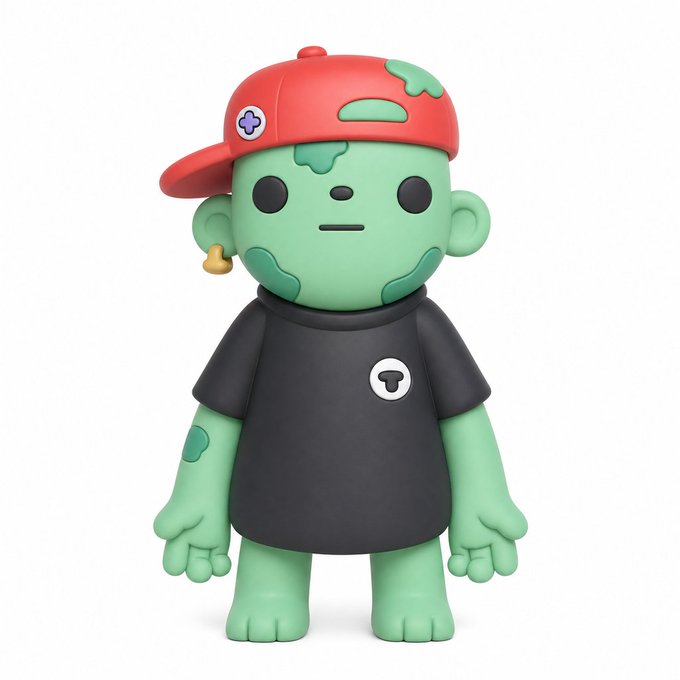 A 3D-rendered collectible figurine of a green-skinned character wearing a red cap and a black t-shirt with a 'T' logo, representing a stylized character from a Web3/crypto project.