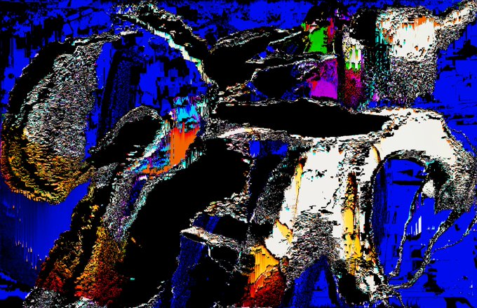 A distorted, glitch-art digital rendering of a horse and rider in vibrant blue, black, white, and orange tones, serving as the promotional visual for the final two auctions "violence" and "descending" on networked.art/totty.