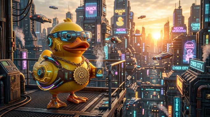 A 3D-rendered cyberpunk yellow duck wearing glowing tech goggles, headphones, and a 'QUACK' medallion, standing on a rooftop overlooking a neon-lit cityscape with 'QUACK TV', 'NEON MORNING', and 'CYBER CITY' signage.