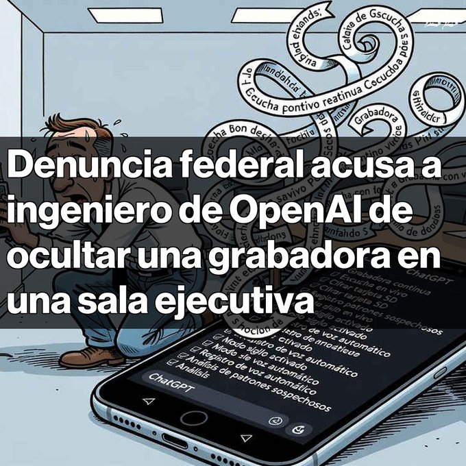 A cartoon illustration of a stressed man sitting next to a smartphone displaying ChatGPT settings, with Spanish text overlaid reading 'Denuncia federal acusa a ingeniero de OpenAI de ocultar una grabadora en una sala ejecutiva'.