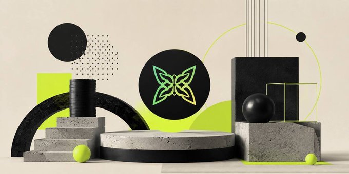 A 3D-rendered abstract scene featuring a central black circle with a neon green butterfly logo, surrounded by concrete pedestals, black spheres, and geometric shapes in green and black, likely representing Quip's Proof of Useful Work concept of routing computational tasks across a network.